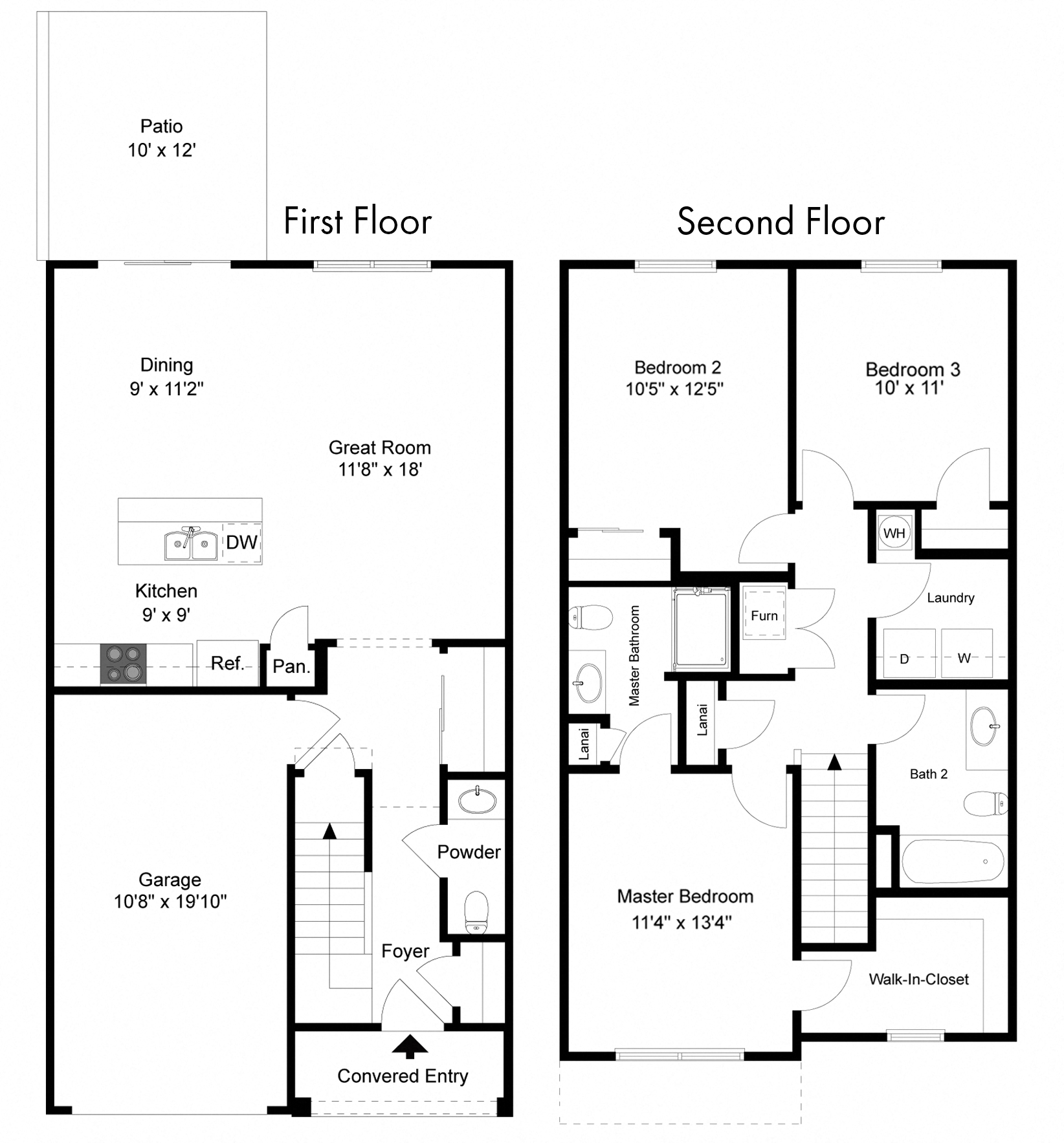Floor plan for 3 beds, 2.5 baths, 1384 sqft